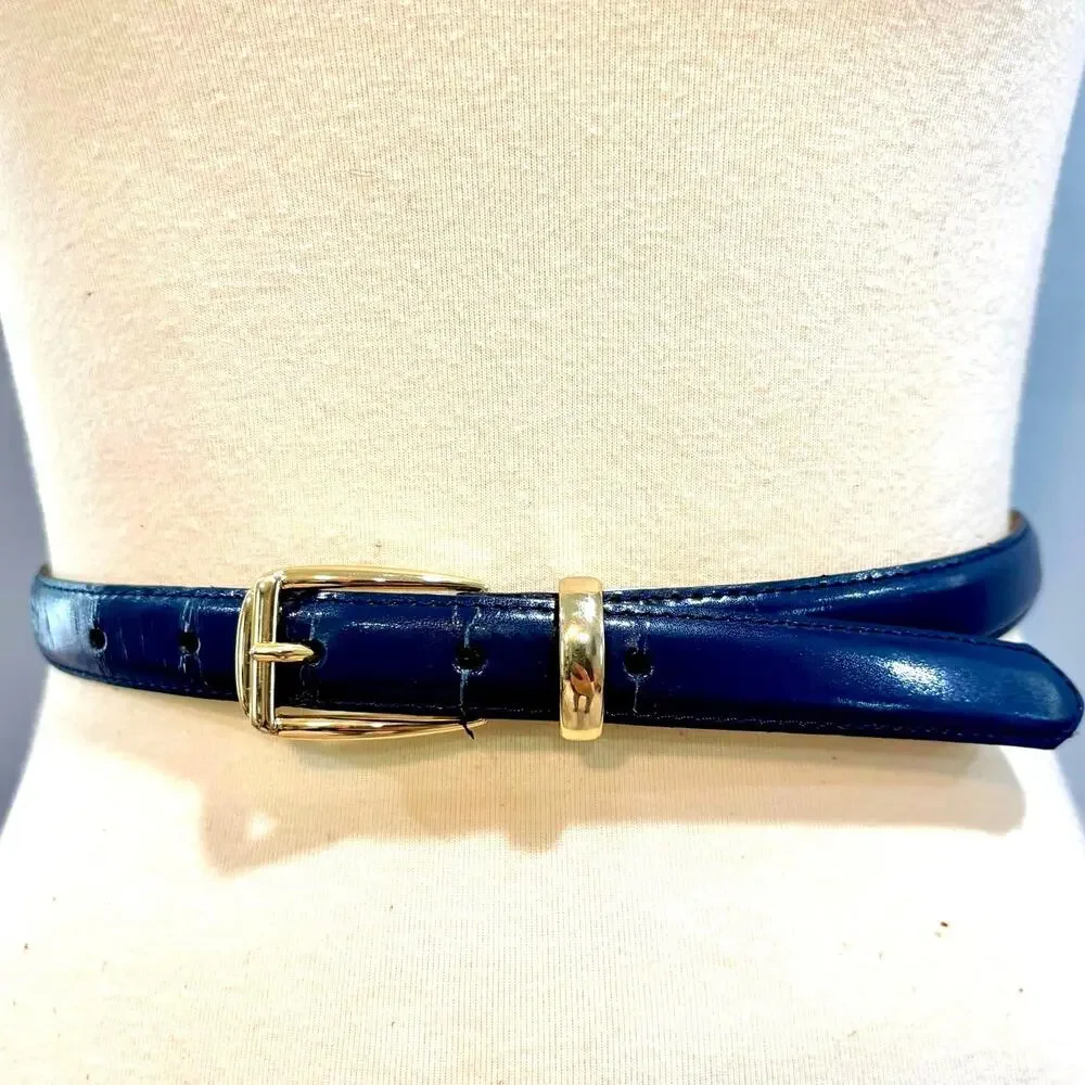 Vintage Navy Blue Leather Skinny Belt Gold Buckle Quiet Luxury L